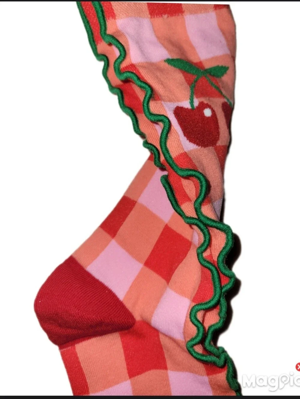 Cherry Check Ruffle Crew Socks - Pink & Red Includes 2 Sets Of Matching Charms